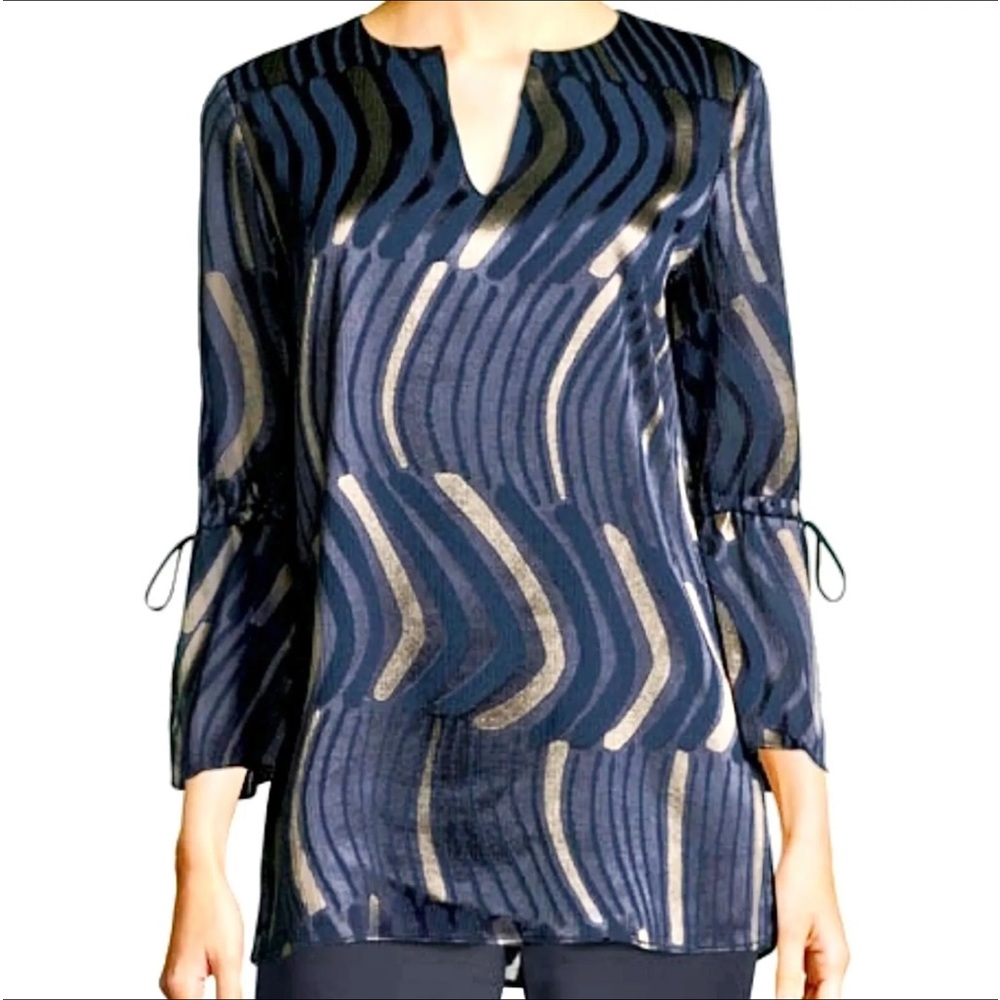 Lafayette 148 New York Navy Blue and Metallic Gold Wave-Print Tunic